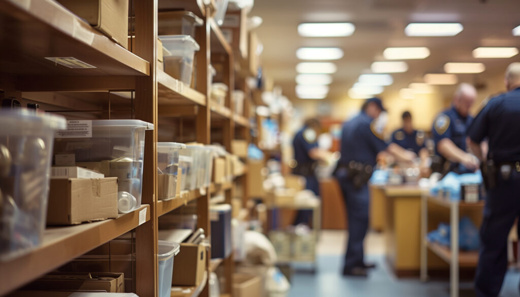 a police station's evidence room with shelves and boxes, featuring a blurred background of officers organizing and cataloging evidence, Interior, police, indoor